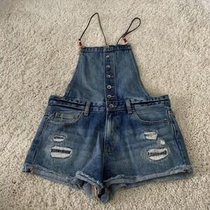 H&M Denim Womens Shortalls Size 27 Overalls Boho Distressed Jeans Leather Cords